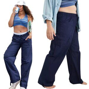 Aerie Avenue Baggy Cargo Pant Women's Small Blue Loose Poplin Adjustable Sporty